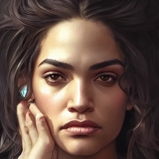 Image similar to portrait of a beautiful thick female, alexandria ocasio-cortez face, D&D, fantasy, intricate, elegant, highly detailed, digital painting, artstation, concept art, smooth, sharp focus, illustration, art by artgerm and greg rutkowski and alphonse mucha