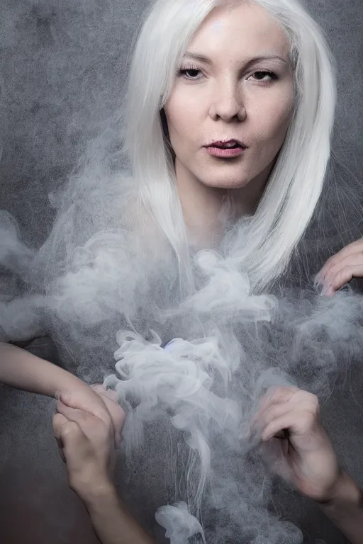 Prompt: portrait of a woman, with white hair like smoke, with reaction-diffusion wallpaper, studio photo, high detail