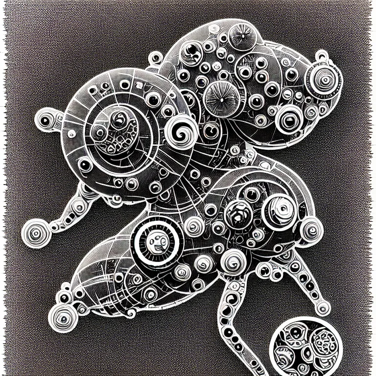 Image similar to a black and white drawing of variety of sea life as a hyperdetailed mech with electronic equipment space station, a microscopic photo by ernst haeckel, zbrush central, kinetic pointillism, intricate patterns, photoillustration