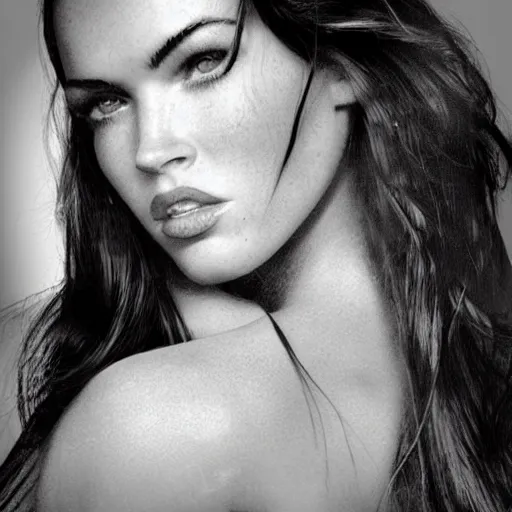 Image similar to double - exposure effect of megan fox face blended with beautiful mountains, in the style of dan mountford, amazing detail, black and white