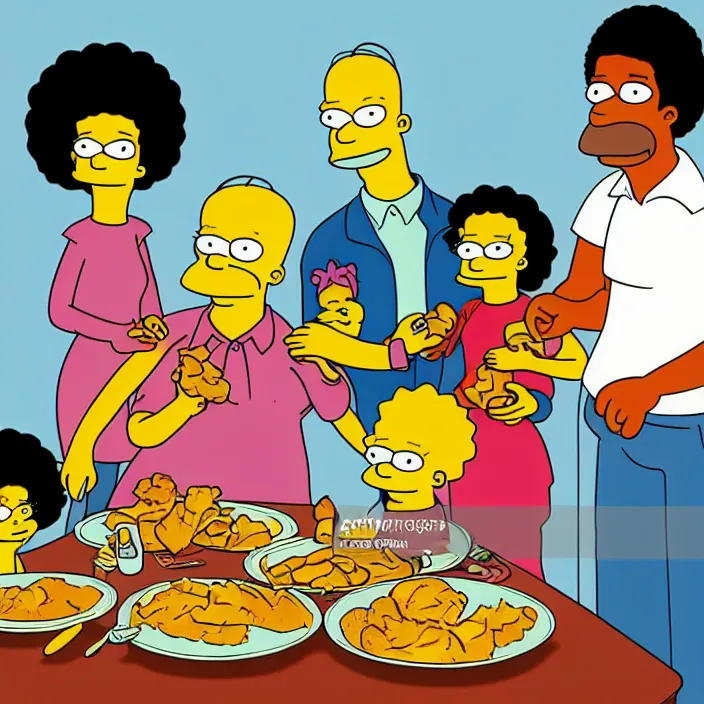 Image similar to African American family in 1979 with two daughters and a son eating chicken, mash potatoes, and rolls for dinner. Cartoon version Simpsons style