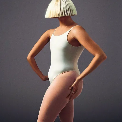 Image similar to sia furler’s back wearing a skin colored leotard full body artistic photoshoot from behind