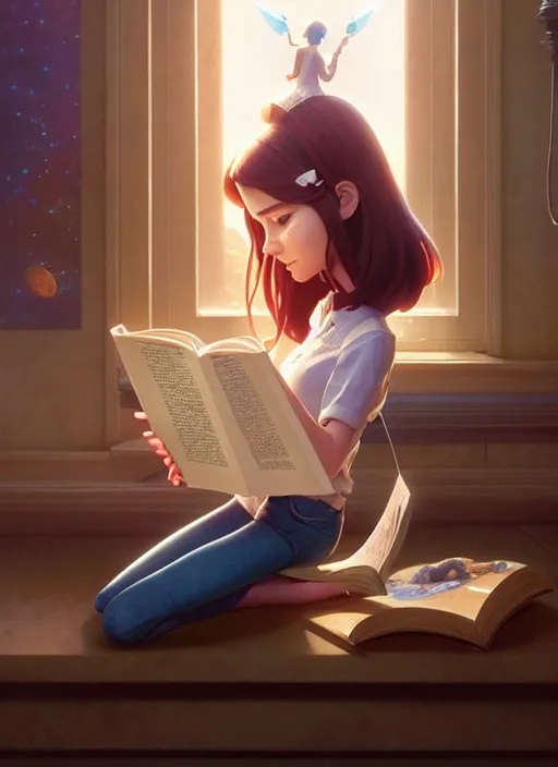 Image similar to highly detailed portrait of beautiful girl reading a book in toy story 3, dynamic pose, stephen bliss, unreal engine, fantasy art by greg rutkowski, loish, rhads, ferdinand knab, makoto shinkai and lois van baarle, ilya kuvshinov, rossdraws, tom bagshaw, global illumination, radiant light, detailed and intricate environment