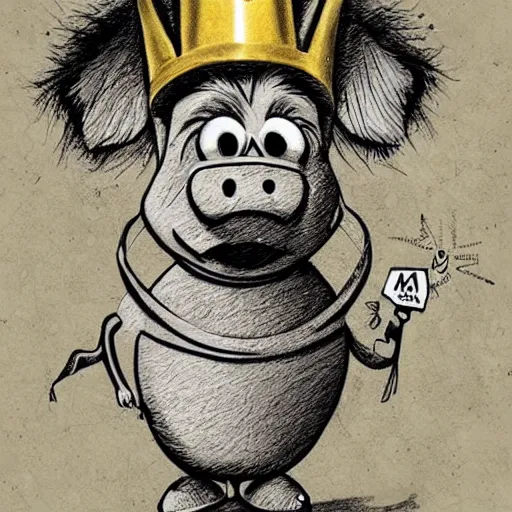 Prompt: grunge cartoon sketch of a pig in a gold crown by - beeple , loony toons style, horror themed, detailed, elegant, intricate