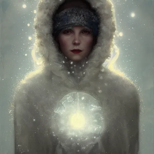 Prompt: a hyperrealistic illustration of a human in the Arctic, white long clothes, snow on the body, blue transparent ice with fractal sunlight, award-winning, masterpiece, in the style of Tom Bagshaw, Cedric Peyravernay, Peter Mohrbacher