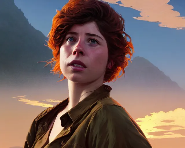 Image similar to highly detailed portrait of jessie buckley, in gta v, stephen bliss, unreal engine, fantasy art by greg rutkowski, loish, rhads, ferdinand knab, makoto shinkai and lois van baarle, ilya kuvshinov, rossdraws, tom bagshaw, global illumination, radiant light, detailed and intricate environment