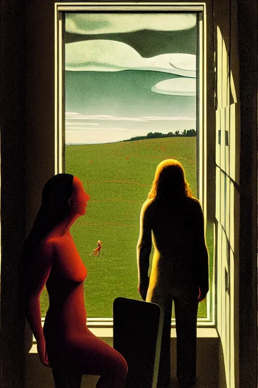 Image similar to woman and woman, in the void, by the mirror, station, james gillard, zdislav bexinski, high detail alex colville, otto mueller, stephen conroy, andrea kowch, andrew newell wyeth, daniel meidman jussi picho octane rendering