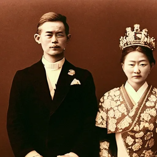Prompt: An extreme closeup shot, colored black and white Russian and Japanese mix historical fantasy photographic portrait of a Royal wedding of the empress and emperor curtsying to the Priestess and Priest, golden hour, warm lighting, 1907 photo from the official wedding photographer for the royal wedding.