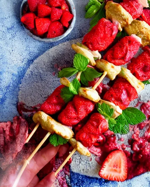 Prompt: a kebab made out of strawberries