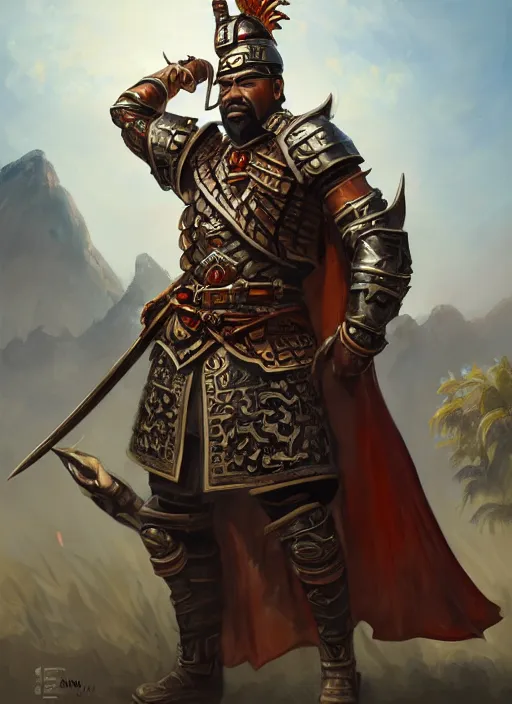 Image similar to smart tai warlord, closeup portrait, smooth - faced, historical hero, ethnic group, tai costume, bronze headdress, intricate, with leather armor cross on bare chest, elegant, loin cloth, highly detailed, oil painting, artstation, concept art, matte, sharp focus, illustration, hearthstone, art by earl norem