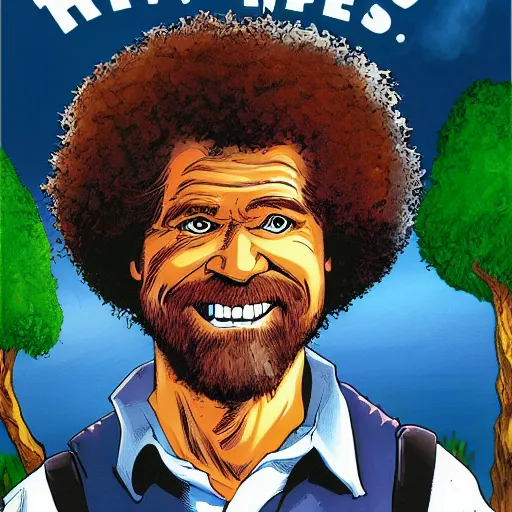 Image similar to Bob Ross as a comic book hero fighting off evil, happy, little trees, 4k, comic book cover