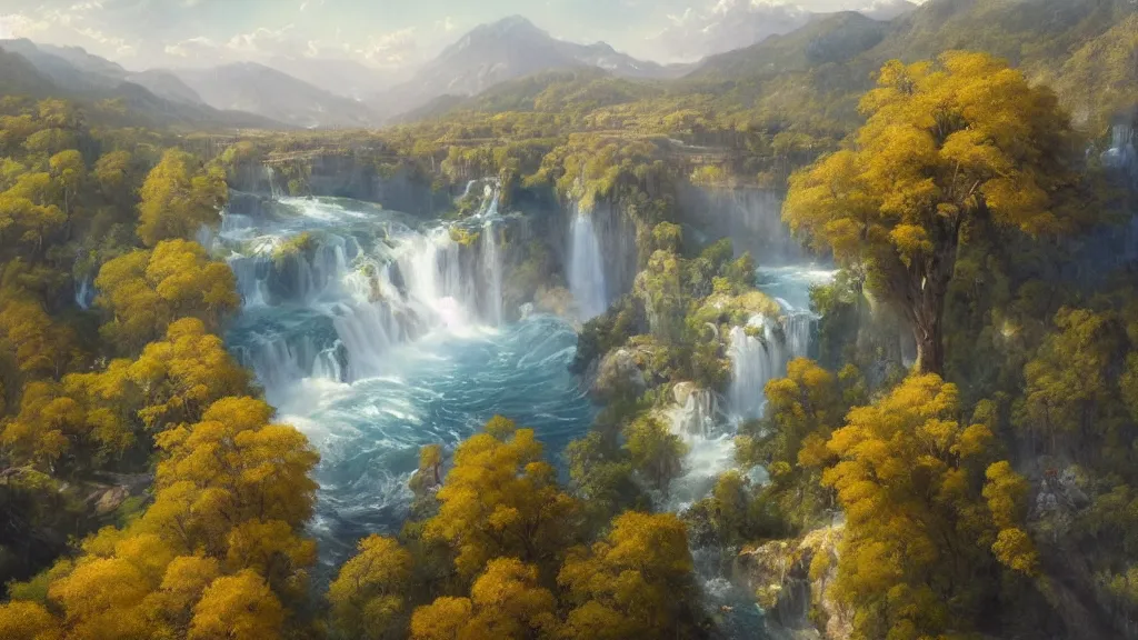 Image similar to The most beautiful panoramic landscape, oil painting, where a giant dreamy waterfall creates a river, the trees around are starting to bloom in a variety of colors, by Greg Rutkowski, aerial view