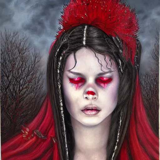 Prompt: a hyperrealistic painting of a beautiful gothic princess crying tears of blood, by Mark Lovett, vivid color, highly detailed,