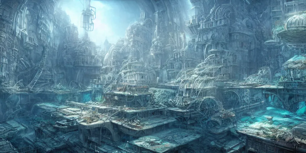 Prompt: ultra realistic underwater city, style epic, insanely detailed, style of, role thomas style ocatne render, artstation trend, epic art style, giovanni paolo panini, cinematic, concept art, 8 k hd