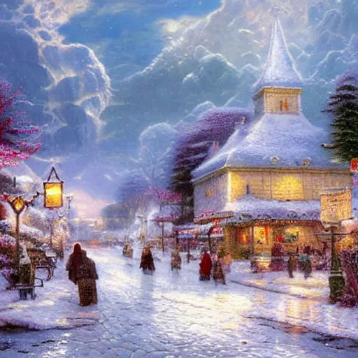 Prompt: ancient nordic city by thomas kinkade, snowy art