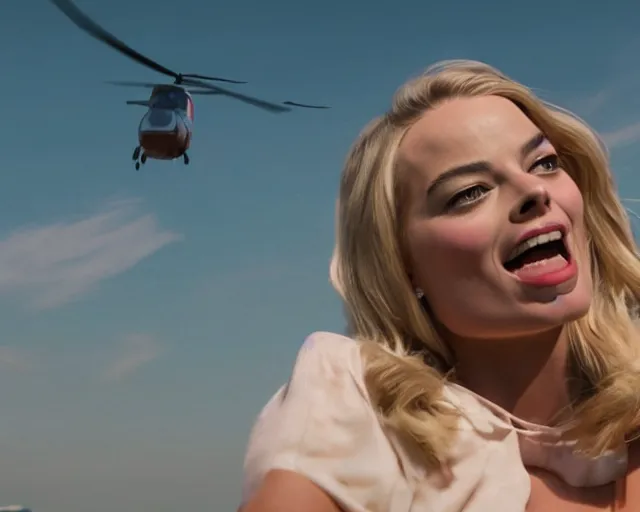 Image similar to a photo of margot robbie falling in the sky next to a helicopter, hyper realistic faces, beautiful eyes, cinematic, long shot, hyper detailed, 8 5 mm photograph, 8 k resolution, film still, sharp lens, wide lens