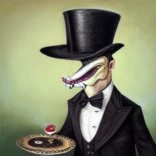 Prompt: “an anthropomorphic crocodile wearing a top hat and monocle, dapper, highly detailed, oil on canvas”