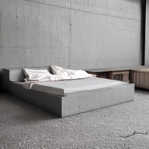 Prompt: a bed made of concrete, no background