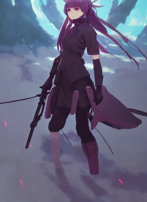 Prompt: homura akemi character, battlefield landscape, illustration concept art anime key visual trending pixiv fanbox by wlop and greg rutkowski and makoto shinkai and studio ghibli and kyoto animation, soldier clothing, cyborg parts, call of duty exoskeleton, grimdark, volumetric lighting, tank turret