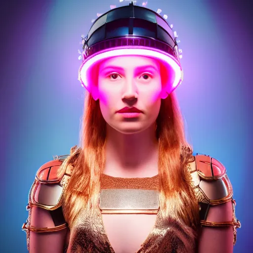 Prompt: centered fine studio photograph of a young woman wearing a futuristic cyberpunk Mayan helmet made of crystal and bright lights, chest and face, photorealistic, white background, 8k HDR, low angle, intricate