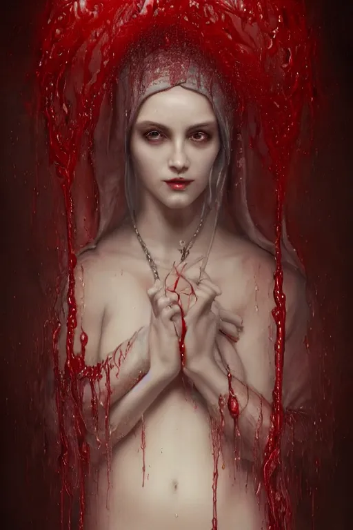 Prompt: Photorealistic and intricate detailed soft painting of a beautiful voluptuous female demonic nun in revealing religious dress, thin lustrous hair, sensual gloomy style, soft painting, volumetric lighting, mist, chains with red fluid dripping background, artstation, Tom Bagshaw artstyle, unreal render, depth of field