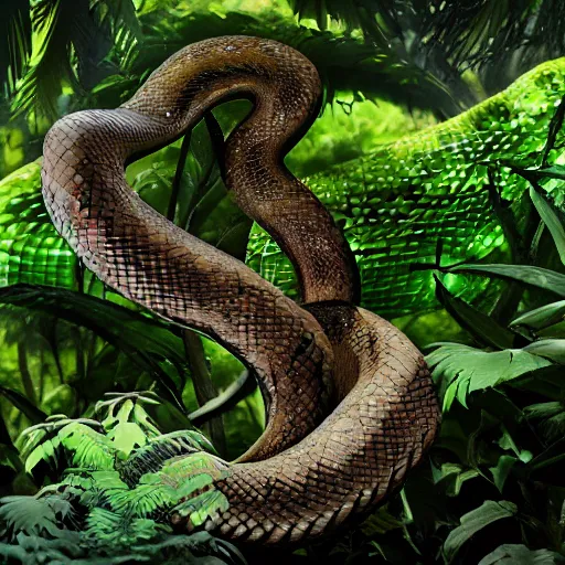 Prompt: a snake - like naga creature, slithering in a jungle, looking for shade