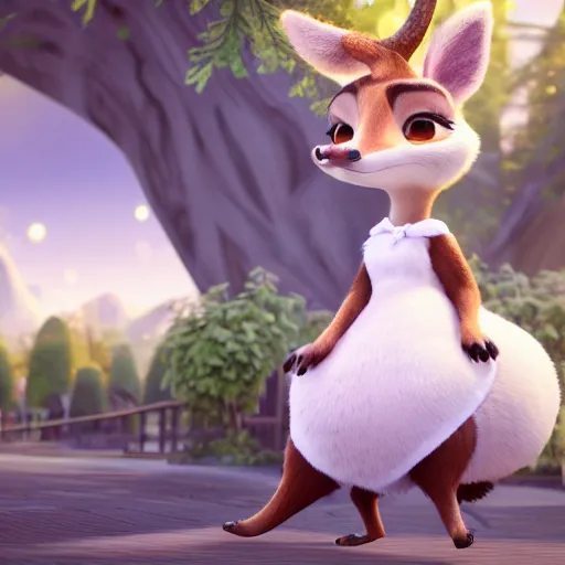 Image similar to portrait, 3 d render, tall little fat, anthropomorphic female deer, wearing along white dress, in the style of zootopia,