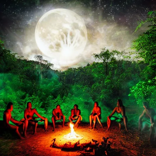 Image similar to spartan doing ayahuasca ritual with wolf and shaman at camp fire, jungle background, full moon with stars, hyper realistic award winning photographic portrait photography, dramatic cinematic lighting