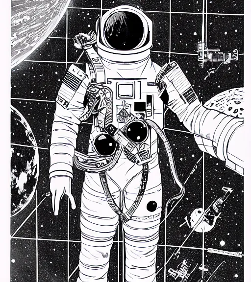 Prompt: cyberpunk japanese astronaut with long limbs and a black spacesuit on a spacewalk outside of their ship, techwear, Industrial Scifi, detailed illustration, character portrait, by Martin Grip and Moebius