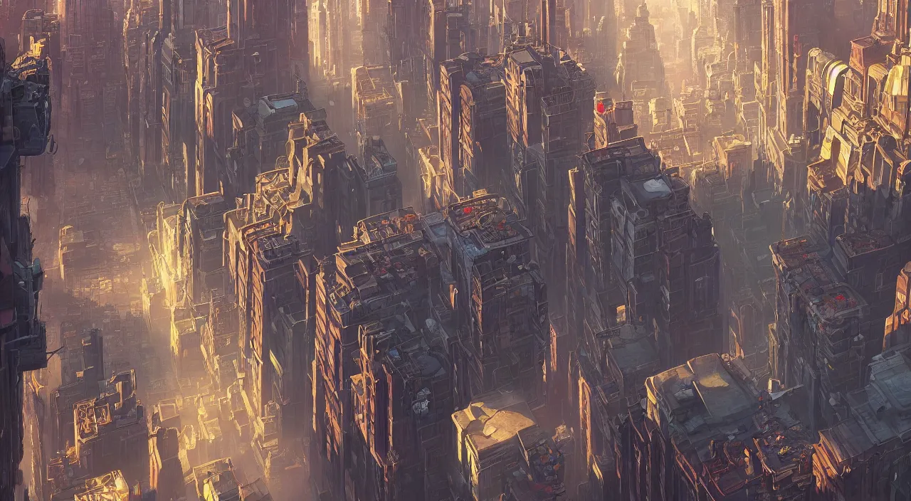 Prompt: a street level painting looking down with high detail, sci - fi colorful victorian megacity at golden hour with sharp shadows by tyler edlin and sparth, 4 k, vray, art nouveau influences. roger deakins, cinematic cinematography.