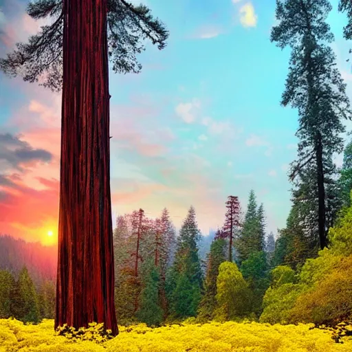 Prompt: A fantasy landscape with flowers and beautiful tall trees, redwoods, sunset