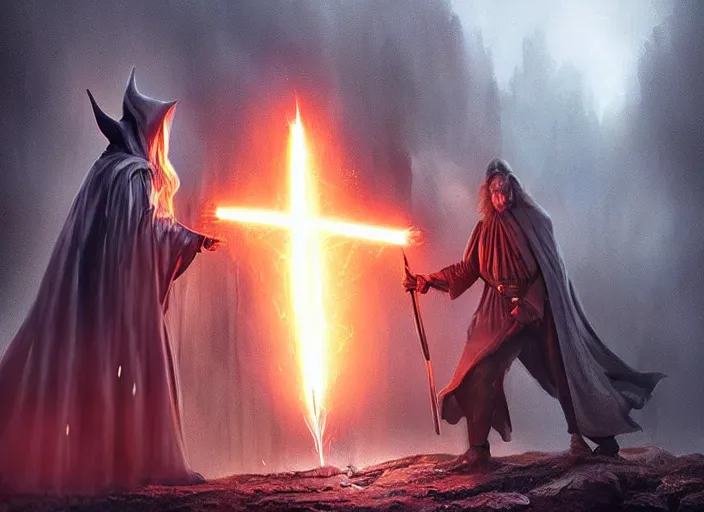 Prompt: gandalf throwing a fire bolt from the floor at darth vader, beautiful landscape, dramatic lighting, cinematic, establishing shot, night time, heavy rain, extremly high detail, photorealistic, cinematic lighting, post processed, concept art, artstation, matte painting, style by greg rutkowsky