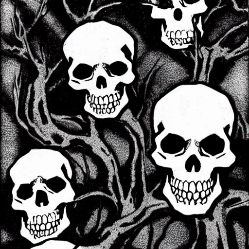 Image similar to Skulls lying under a dead tree. Close Up Shot, Dark Fantasy, Film Noir, Black and White. High Contrast, Mike Mignola, D&D, OSR