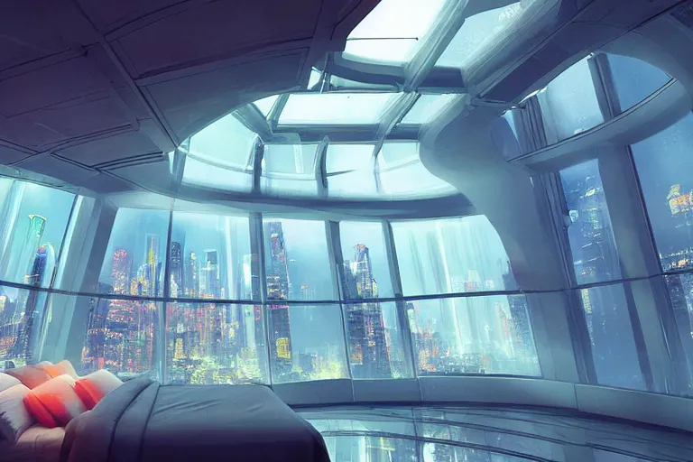 Image similar to a futuristic bedroom with large curved ceiling high windows looking out to a far future cyberpunk cityscape, cyberpunk neon lights, raining, scifi