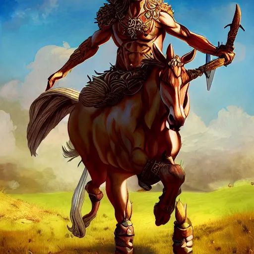 Image similar to centaur overlooking a field, d & d style, trending on artstation, colorful, intricate, art by kev chan