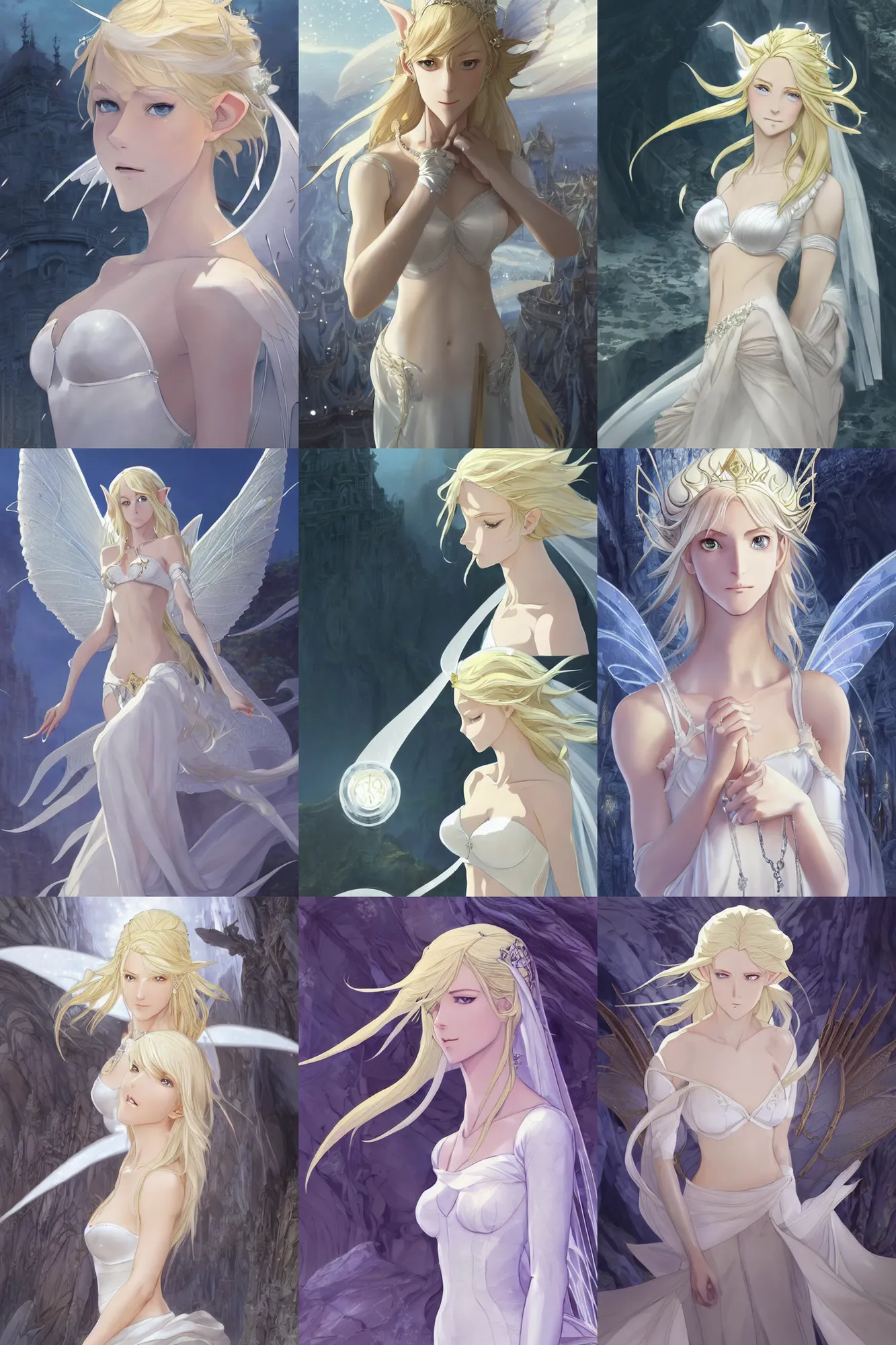 Prompt: Worksafe. Dramatic, cinematic, epic. Fantasy, fairytale. Close-up heavenly gentle blonde elven magician fairy princess goddess queen,wearing white luxury bridal bra and jewelry, expressing joy, at huge silver marble palace. By krenz cushart, makoto shinkai and pixiv. Accurately shaped manga face. A very clean image. Bold contour inklines. High contrast and gentle colors.