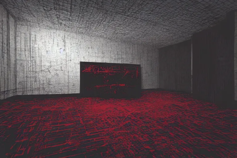 Image similar to cctv of an extremely dark empty room with evil horror cryptid monster made out of static, dark deep black shadows, crimson red and black color contrast in the style of trevor henderson and james ensor goya, liminal space, 3 d render, glitch effect