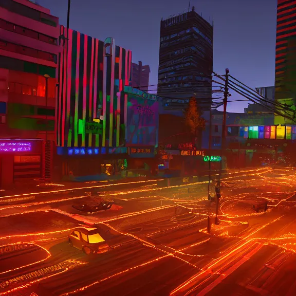 Prompt: Downtown Mexico, string lights, colorful lighting, night, realism, intricate abstract, ((gta 5 screenshot house)), by Tooth Wu, by Greg Rutkowski