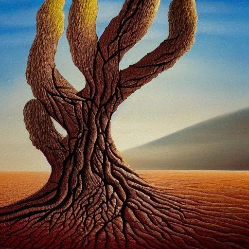 Image similar to a painting of a tree in the desert, a striking airbrush painting by breyten breytenbach, detailed sand pattern, cgsociety, neo - primitivism, airbrush art, dystopian art, apocalypse landscape