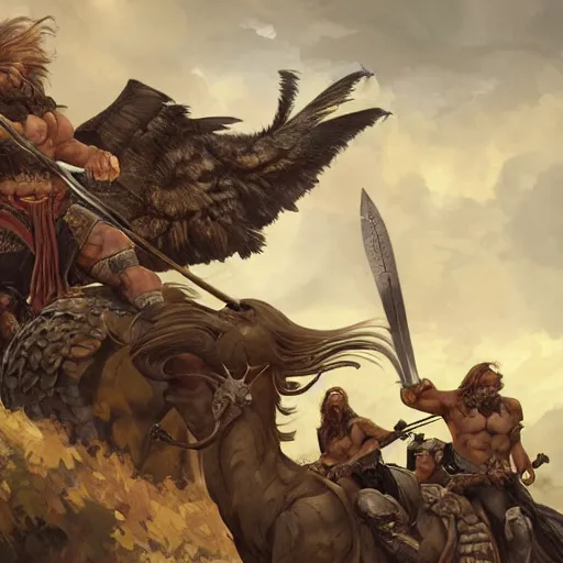 Prompt: The large birds of war, barbarian muscular men riding saddled to the back of the large griffin bird, swords held high, medieval war rages below, highly detailed, digital painting, artstation, concept art, smooth, sharp focus, illustration, art by artgerm and greg rutkowski and alphonse mucha