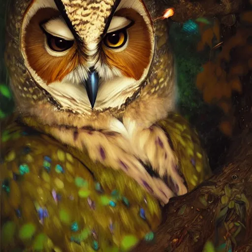 Image similar to a female owl owlwoman bird in magic robes at night in a dark forest. zootopia fursona furaffinity furry art detailed face painting by gaston bussiere craig mullins jc leyendecker gustav klimt artgerm greg rutkowski furry