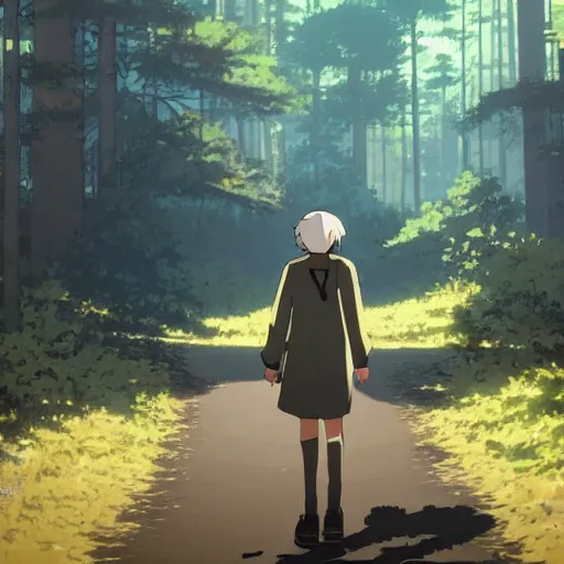 Image similar to Kino from Kino's Journey walking through the forest, golden hour, sunbeams, anime