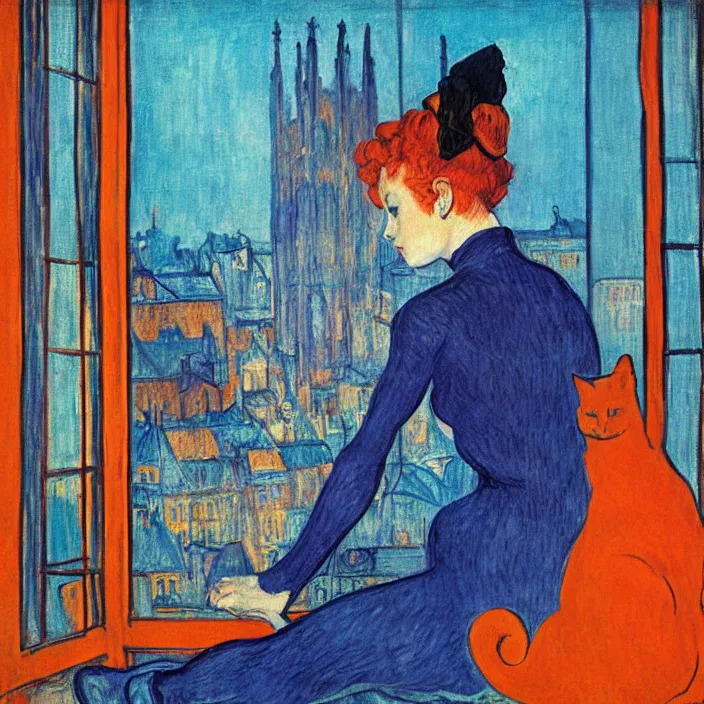 Prompt: woman and giant orange cat with city with gothic cathedral and tall trees seen from a window frame with curtains. dark indigo blue, turquoise, gold, earth brown. autumn light. delville jean, henri de toulouse - lautrec, utamaro, matisse, monet