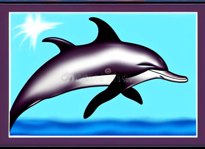 Prompt: professional 1980s airbrush illustration of a dolphin wearing a powdered wig