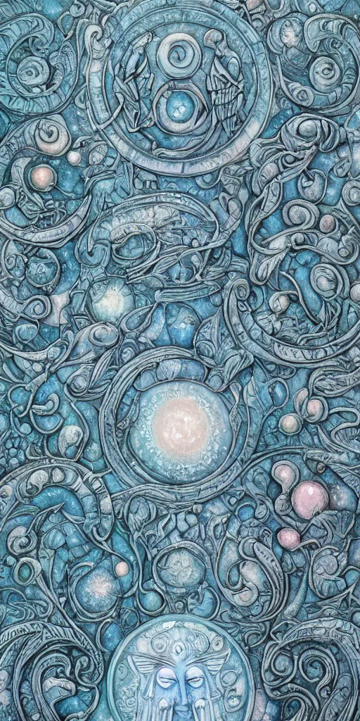 Image similar to intricate colourfully painted carved Soapstone relief paneling, white and pale blue , celestial, cosmos, galaxies, planets, divinity, moon goddess, mother earth, Earth Goddess mythology, Gaia, angels, dream atmosphere, Ghostly, crystaline celtic, insanly detailed , artstation, wallpaper, hyper realistic, realistic lighting