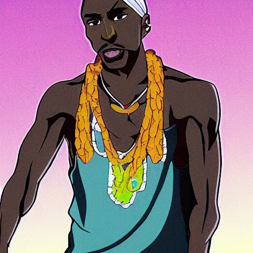 Image similar to Tupac Shakur, screenshot from a 2012s anime