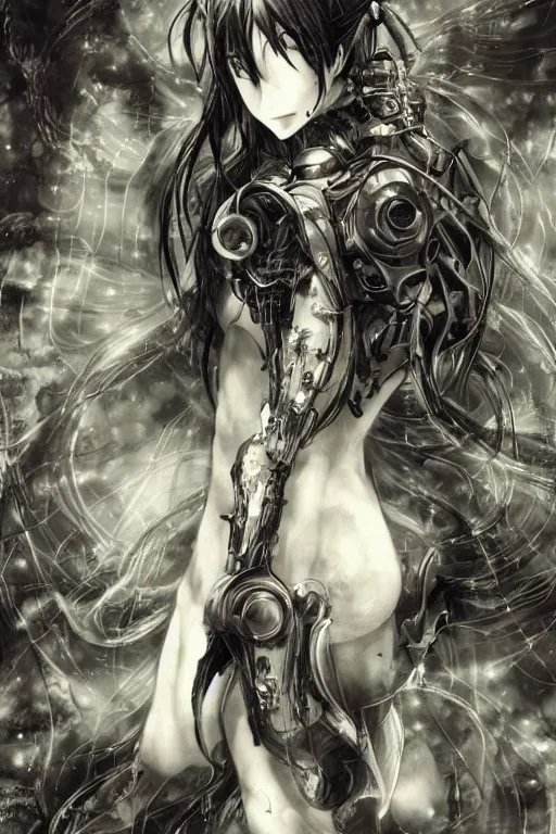 Image similar to a vertical portrait of a character in a scenic environment by Yoshitaka Amano, black and white, dreamy, cybernetic suit, wavy long black hair, highly detailed