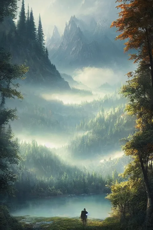 Image similar to beautiful matte painting by arthur gurin concept art fantasy path mountains and meadow in the background near a lake reflecting the trees, atmospheric lighting, painted, intricate, volumetric lighting, beautiful, rich deep colors masterpiece, sharp focus, ultra detailed by