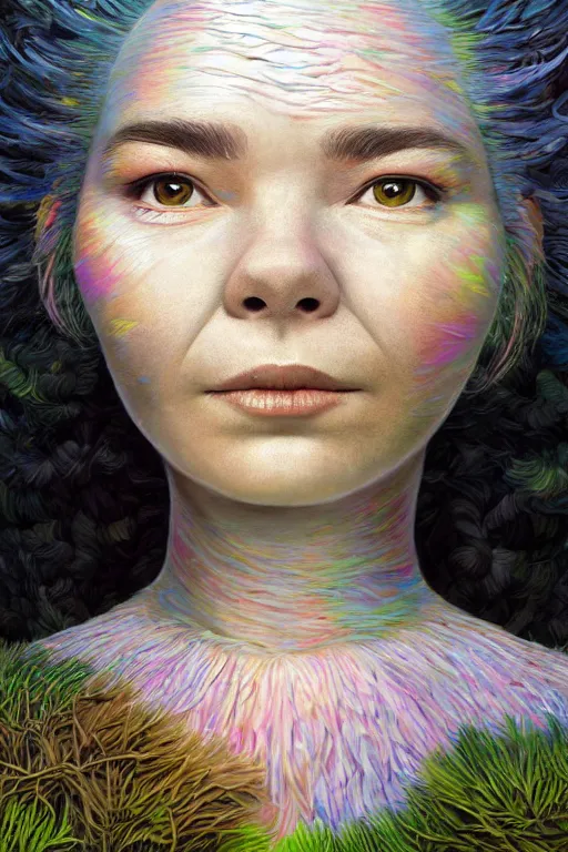 Image similar to 2 0 year old bjork portrait by hubert robert and lee madgwick and roger dean and jacek yerka, dan mumford and alex grey style, soft lighting, 4 k hd wallpaper illustration concept joy atmospheric lighting