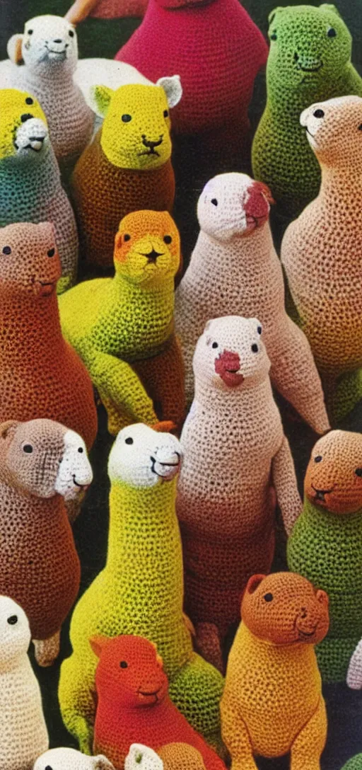 Prompt: multicolored crocheted capybaras, 1 9 8 0 s catalogue photo